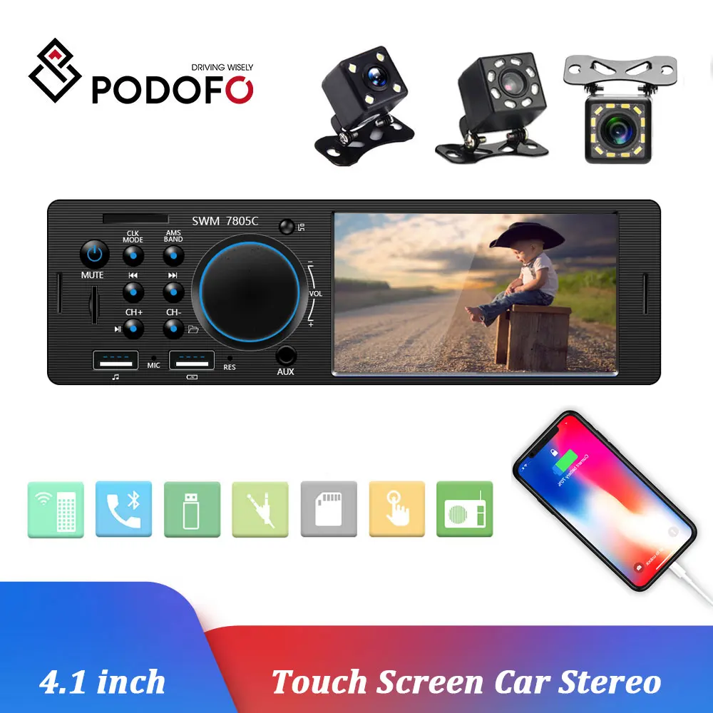 

Podofo 4.1 inch Car Radio 1Din Audio Radio Bluetooth Autoradio Touch screen MP5 multimedia Player FM/AUX/USB Rear View Camera