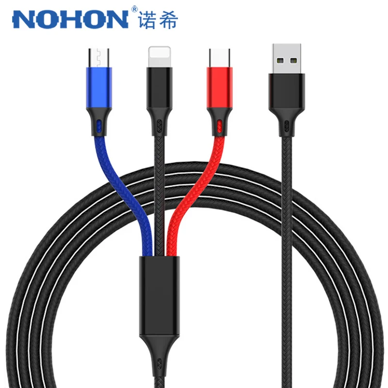 Kopen NOHON Nylon 3 In 1 Verlichting Charger Kabel Voor iPhone X 7 8 6 Plus Micro USB Type C Voor samsung Xiaomi 5 Universele Snel Opladen