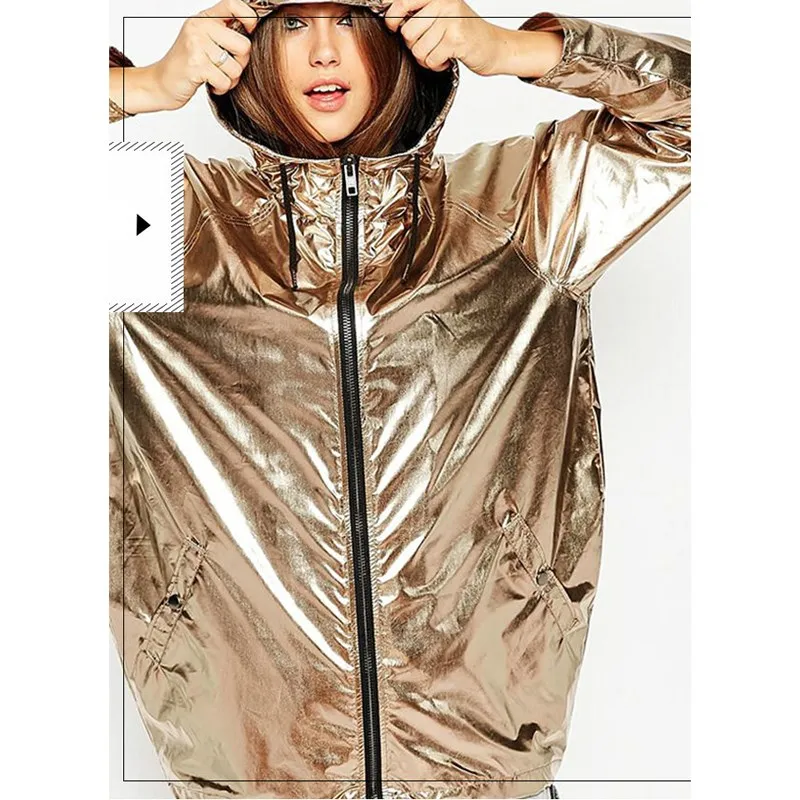 2019 Rock Women Gold Metallic Shiny Jacket Hooded Party Clubwear Coat Casual Pocket Loose Jacket Outfits Streetwear PVC Raincoat