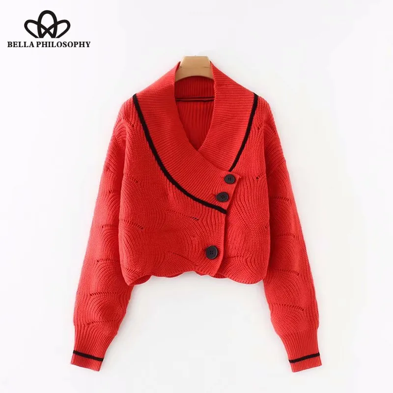 

Bella Philosophy 2018 Vintage Matching V Neck Buttons Decorate Knitting Sweater ladies long sleeve cardigan casual fall Sweater