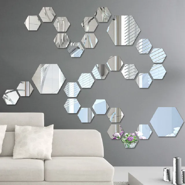 12pcs/lot diy art hexagon wall mirror stickers self adhesive acrylic