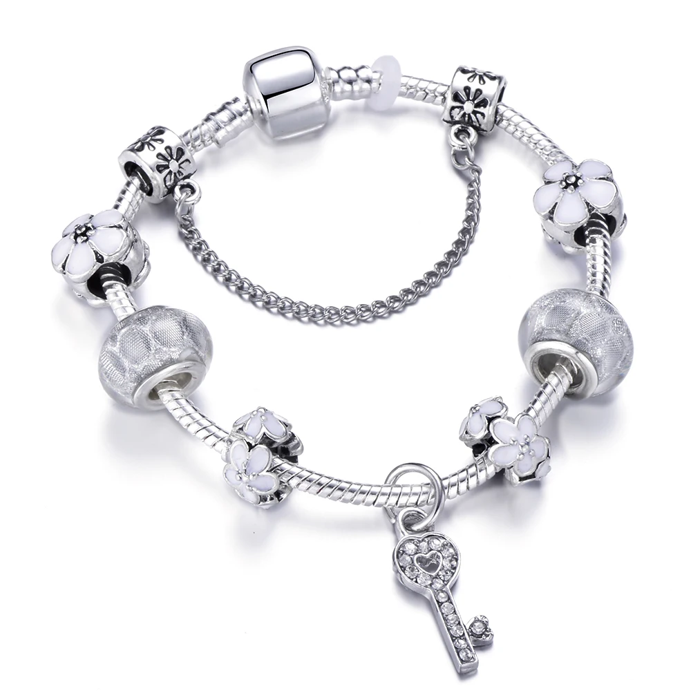 

Romantic White Beads Silver Snake Chain Charm Bracelet For Women Girl Love Heart Brand Bracelet&Bangles Statement Jewelry