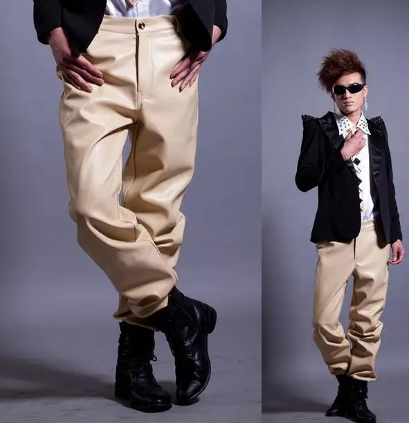 Yellow 2019 new Singer street 1 pu leather pants men 1 pants man stage trousers faux leather pants Provide custom