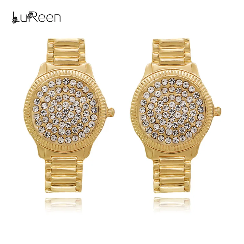 

LuReen Gold Watch Stud Earring For Women Rhinstone Large Statement Earrings Brincos Fashion Jewelry Party Gift LE0402