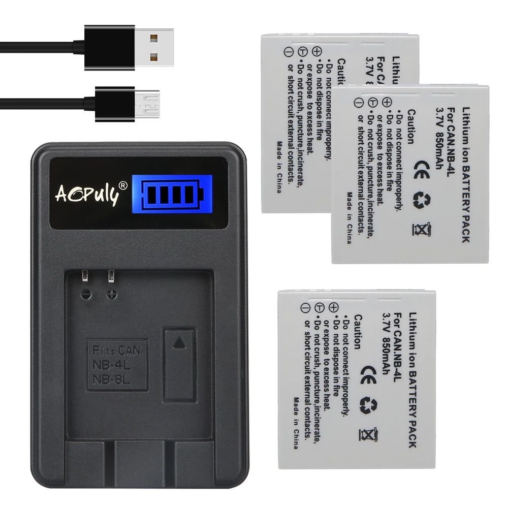 3Pc 850mAh NB 4L NB 4L NB4L baterías de Li Ion + + cargador USB con LCD
