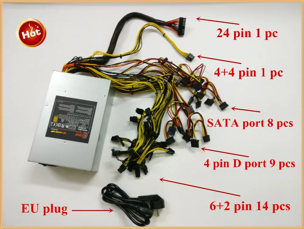 ETH ZCASH шахты источника питания() Максимальная выходная 2000 Вт 12 В 158A подходит для R9 380 RX 470 RX480 6 GPU карты. YUNHUI
