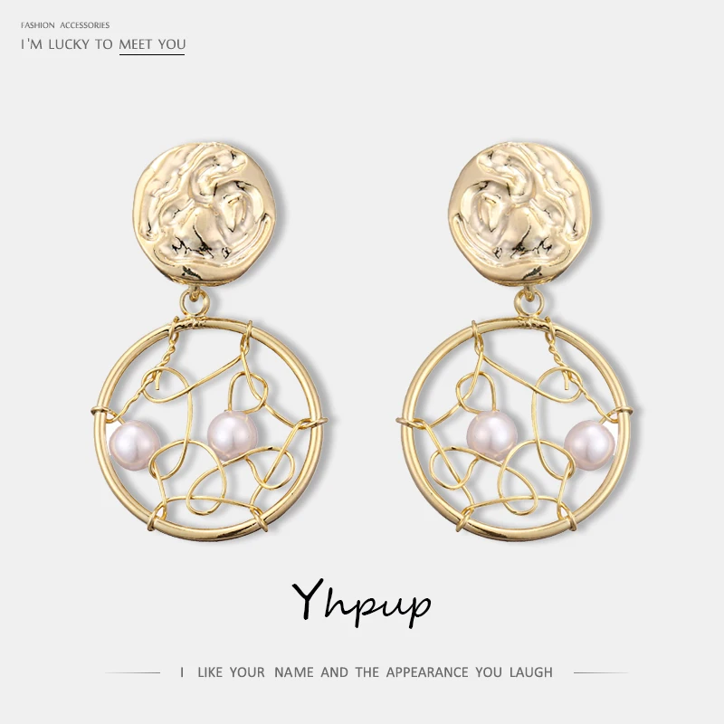 

Yhpup New Stylish Korean Round Geometric Dangle Drop Earrings Imitation Pearls Copper Statement Jewelry for Female S925 Silver