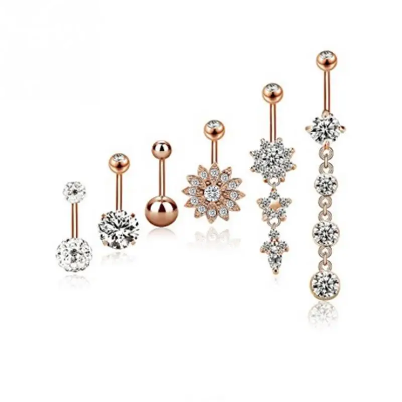 

7Colors 6Pcs Stainless Steel Rhinestone Belly Ring Navel Nail Body Piercing