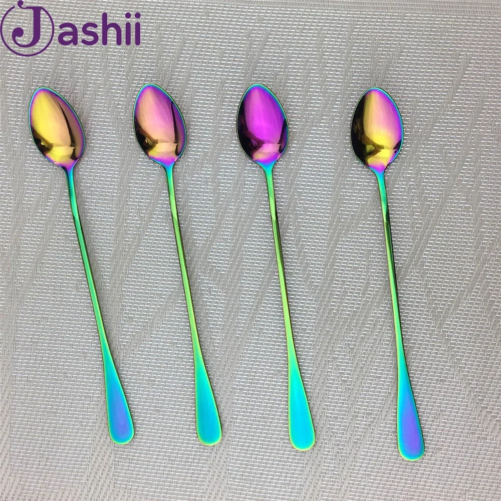 

Juice Coffee Stirring Cutlery Set Colorful Rainbow Teaspoon Dinnerware Ice Cream Long Handle Scoop Tableware Set Kitchen Tools