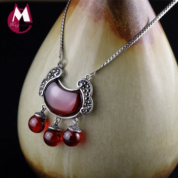 

Natural Chalcedony Red Garnet Lock Necklaces Pendants 925 Sterling Silver Necklaces Women Trendy Chain Fine Agate Jewelry SN01