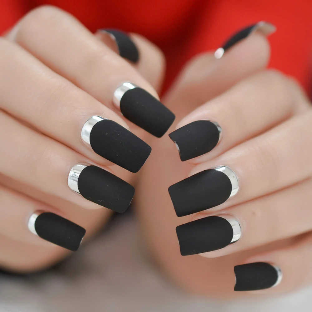 マットシルバーメタル偽の爪黒ロング笑顔メタリックつや消し爪人工設計された偽ネイル False Nails Aliexpress