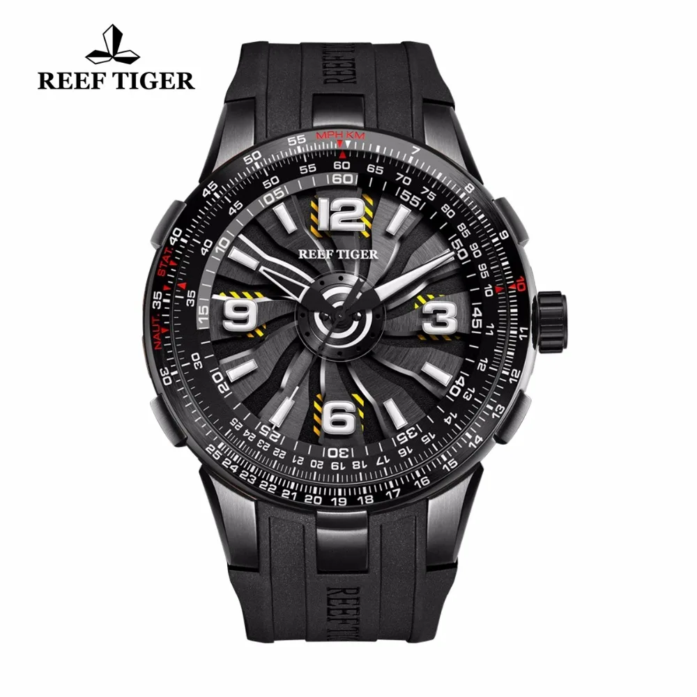 Новые часы Reef Tiger/RT Pilot для мужчин с резиновым ремешком, вихревым циферблатом, черные стальные автоматические часы, военные часы RGA3059