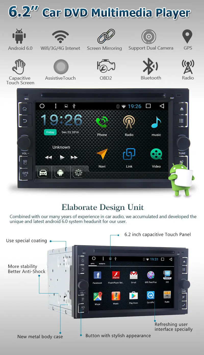 Excellent 6.2" Double Din Android 6.0 Quad-Core Car DVD Player Radio GPS Nav Wifi OBD DAB+ 3