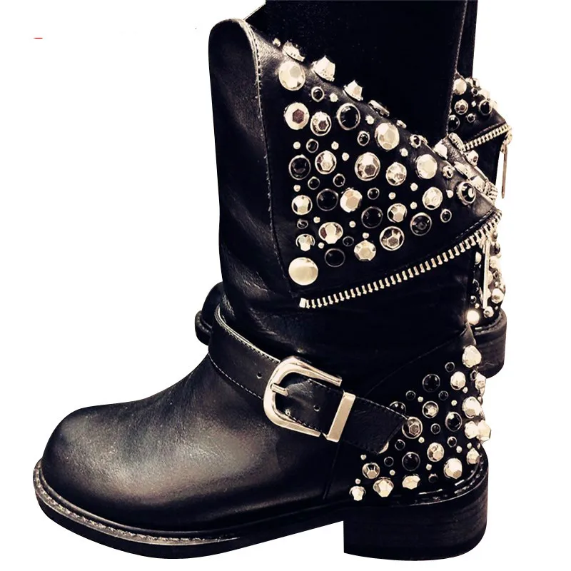 

2018 new genuine leather boots women zipper rivets square heels autumn winter ankle boots for women ladies snow booties