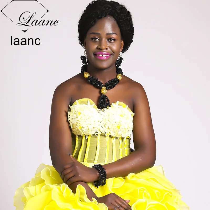 

Laanc Black Nigerian Coral Beads Jewelry Set African Wedding Necklace Earrings For Women AL488