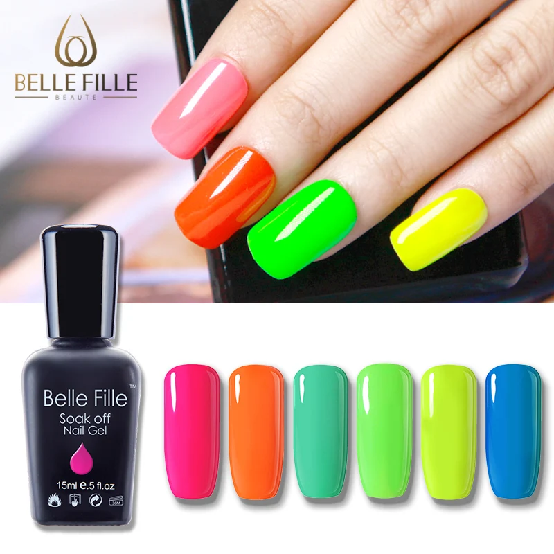 حسناء Fille 15 مللي النيون هلام مسمار البولندية الأشعة فوق البنفسجية الوردي الأخضر اللون نقع قبالة مضان هلام الورنيش مسمار الفن Vernis شبه الدائم
