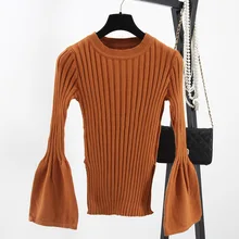 2016 winter retro temperament slim fitting long sleeved knit shirt sleeve solid horn thin shirt