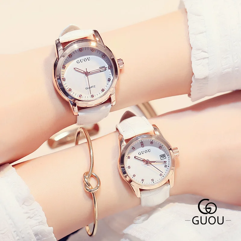 

Original GUOU Luxury Rose Gold Case Bling Unisex Watches Crystal Leather Dress Quartz Wristwatches Men Women Lovers High Quality