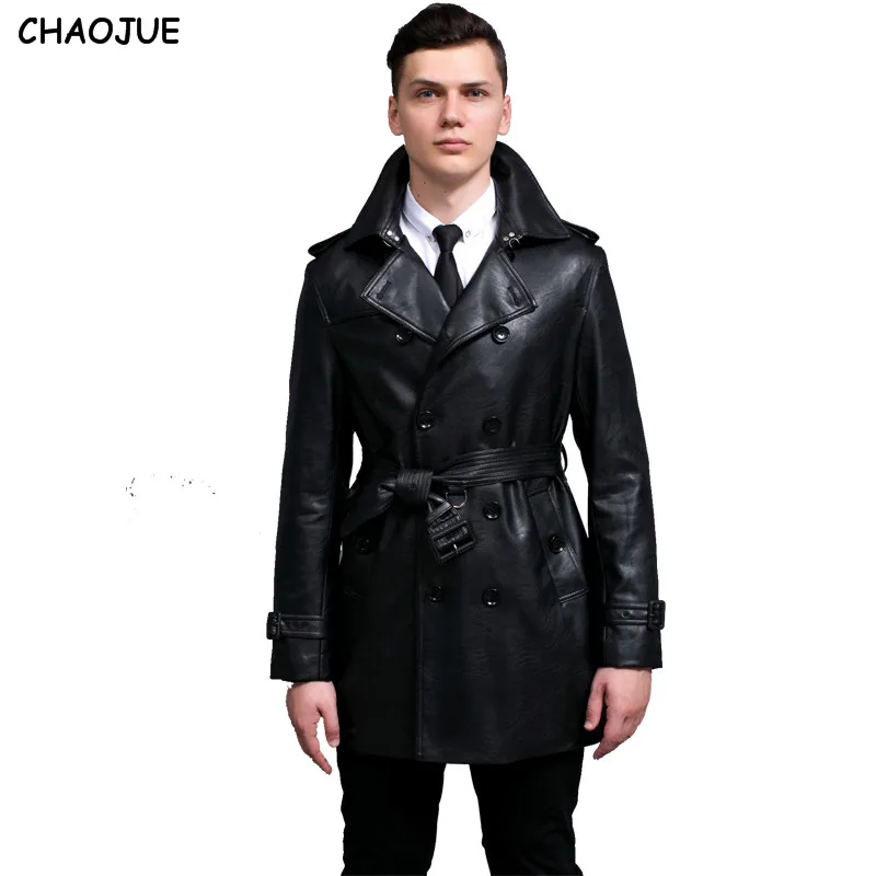 CHAOJUE Leather Jacket 2018 plus size slim black PU leather trench coat for mens double breasted leather coats uk man outwear