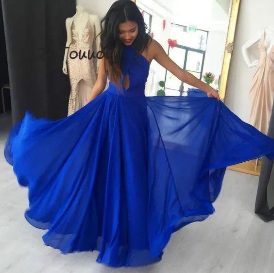 

Royal Blue Bohemian Maxi Evening Dresses Sexy Backless Muslim Evening Gowns Floor Length Chiffon Open Front Long Formal Prom