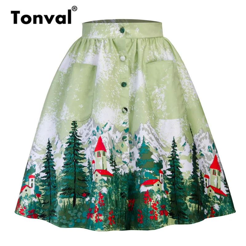 

Tonval Green A Line Button Up Vintage Skirt Pocket Side Tree Print Skirts Women Autumn High Waist Christmas Skirt