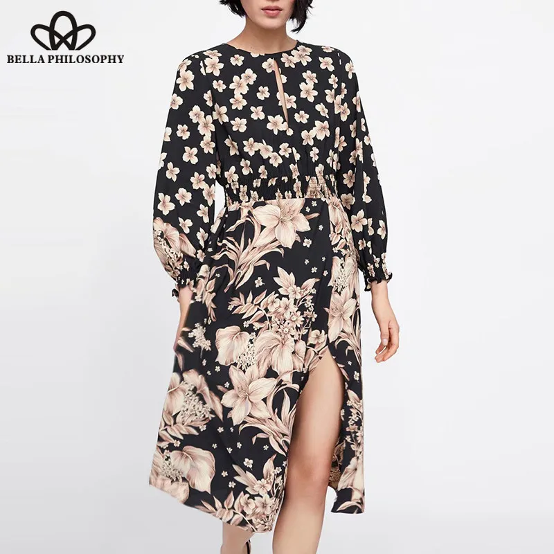 Wonder Spring Long Sleeve Sexy Midi Dress Vintage Print Floral Female Split Dress Retro Casual Lady Elastic Waist Dress 2019