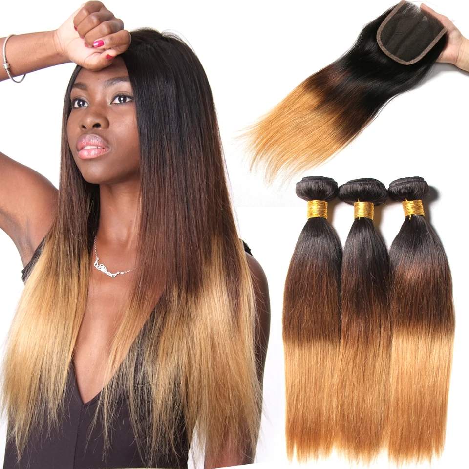 3 Bundles Ombre Brazilian Straight Human Hair Bundles With Closure Weave 1b/4/27 4x4 Free Part Remy Blonde Lace Closure SAY ME 3 Bundles Ombre Brazilian Straight Human Hair Bundles With Closure Weave 1b/4/27 4x4 Free Part Remy Blonde Lace Closure SAY ME