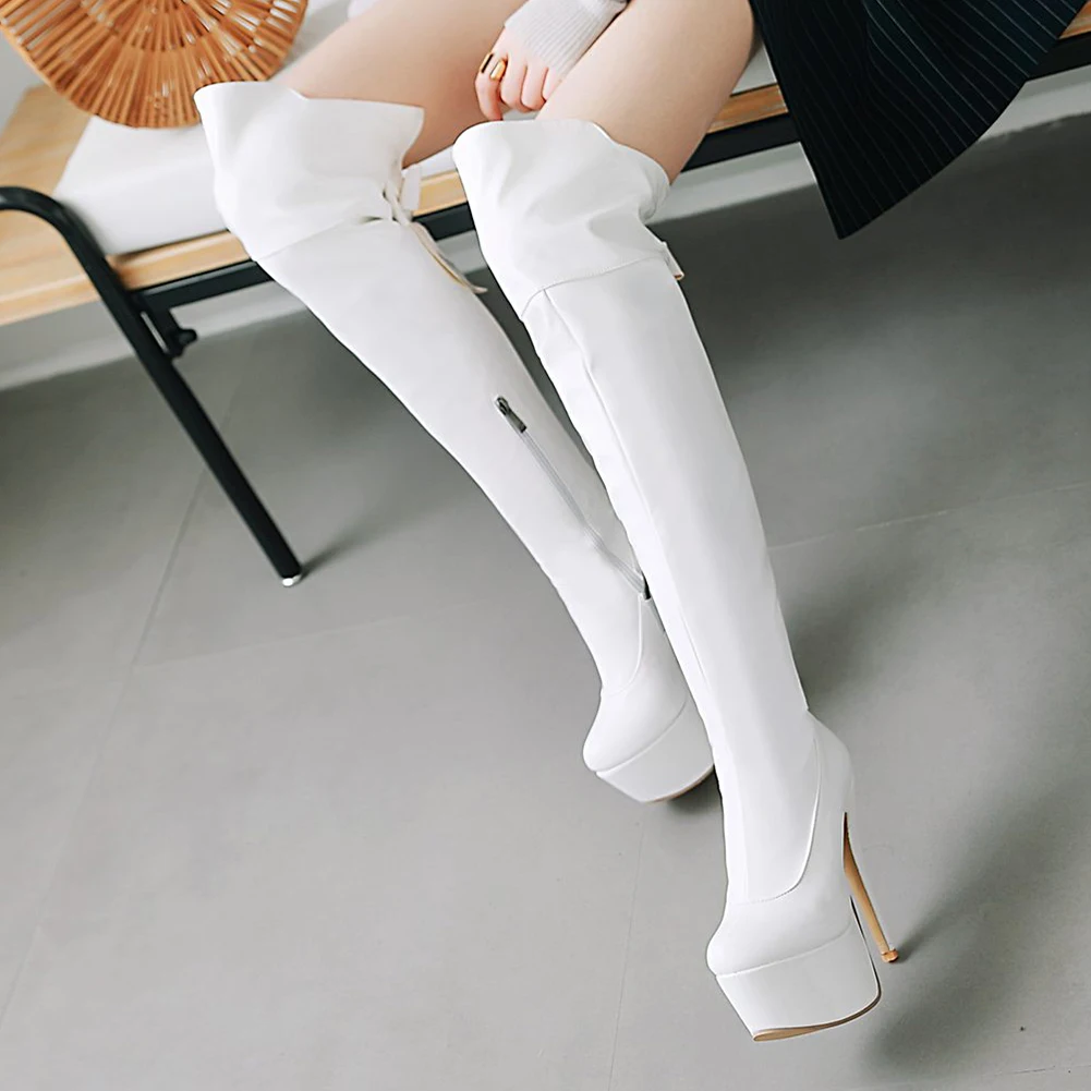 BONJOMARISA/пикантные ботфорты выше колена размера плюс 33-48 г. Новые женские осенние вечерние туфли из PU искусственной кожи на высоком каблуке