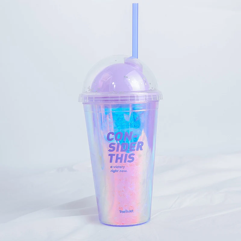 450 мл пластиковые чашки с соломинкой милый мультфильм контейнер для напитков с двойными стенками кофе чай молоко сок вода чашки креативный подарок - Цвет: purple
