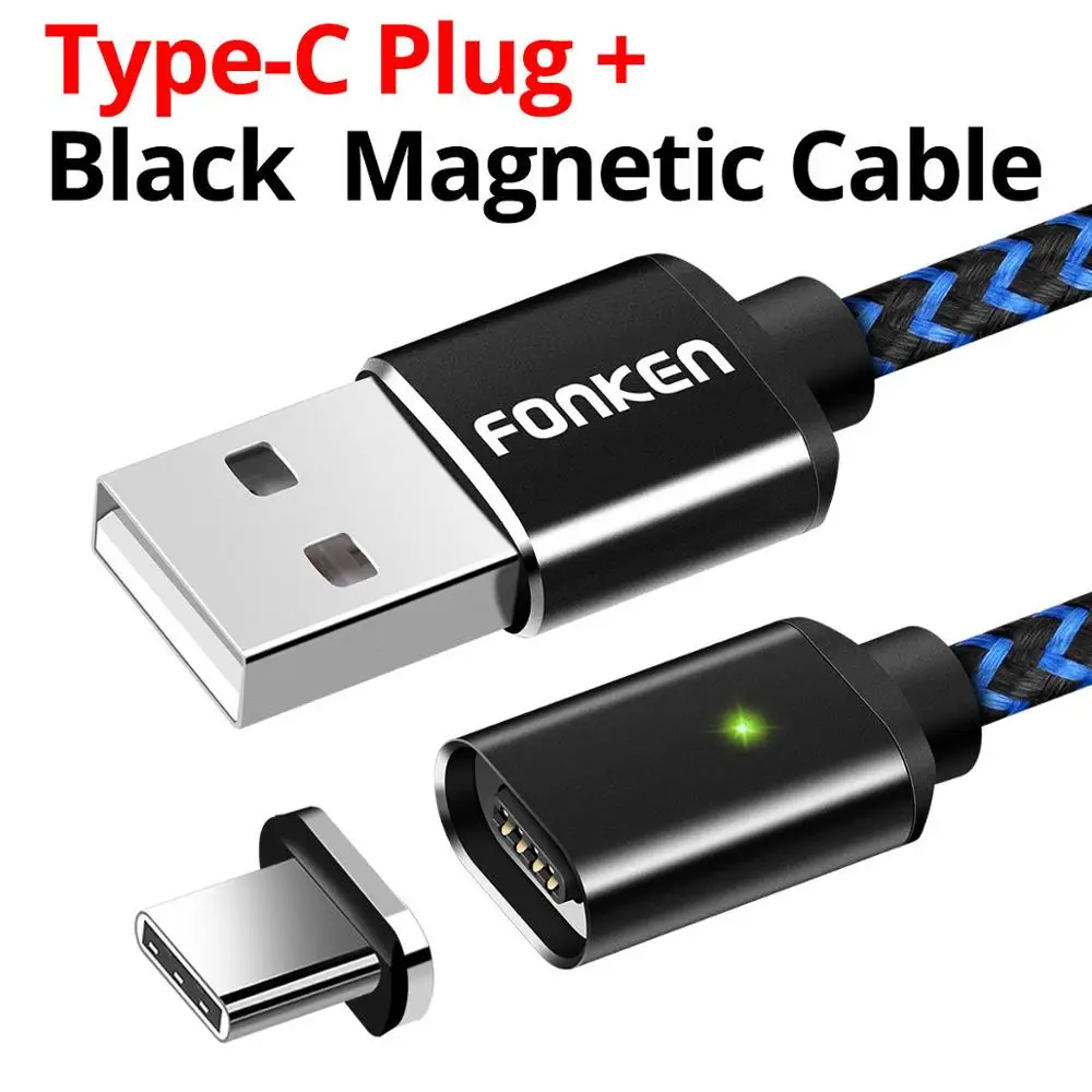 Магнитный usb-кабель FONKEN Micro usb type-C, магнитный кабель для телефона, светодиодный кабель для быстрой зарядки, мини USB C, зарядный шнур для мобильного телефона - Цвет: black add USB C plug