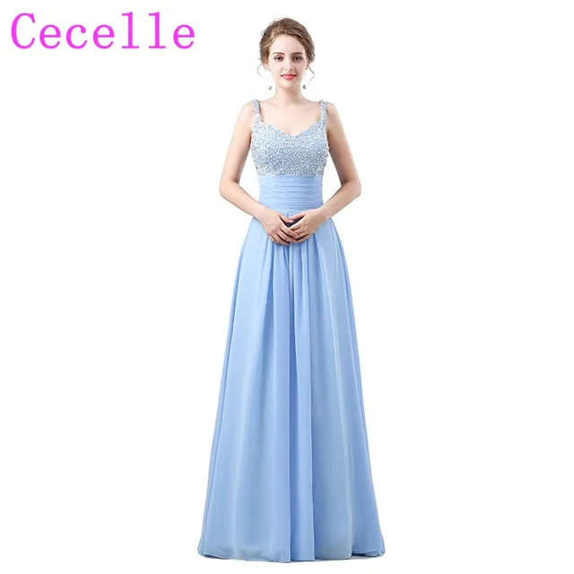 Sky Blue Formal Long Beach Bridesmaid Dresses V Neck Beaded Top Sky Blue Formal Long Beach Bridesmaid Dresses V Neck Beaded Top Chiffon Skirt A Line