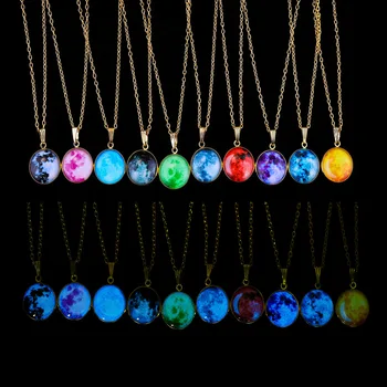 

Glow In The Dark Moon Necklace 25mm Galaxy Planet Glass Pendant Necklace Gold Color Chain Luminous Jewelry Women Gifts