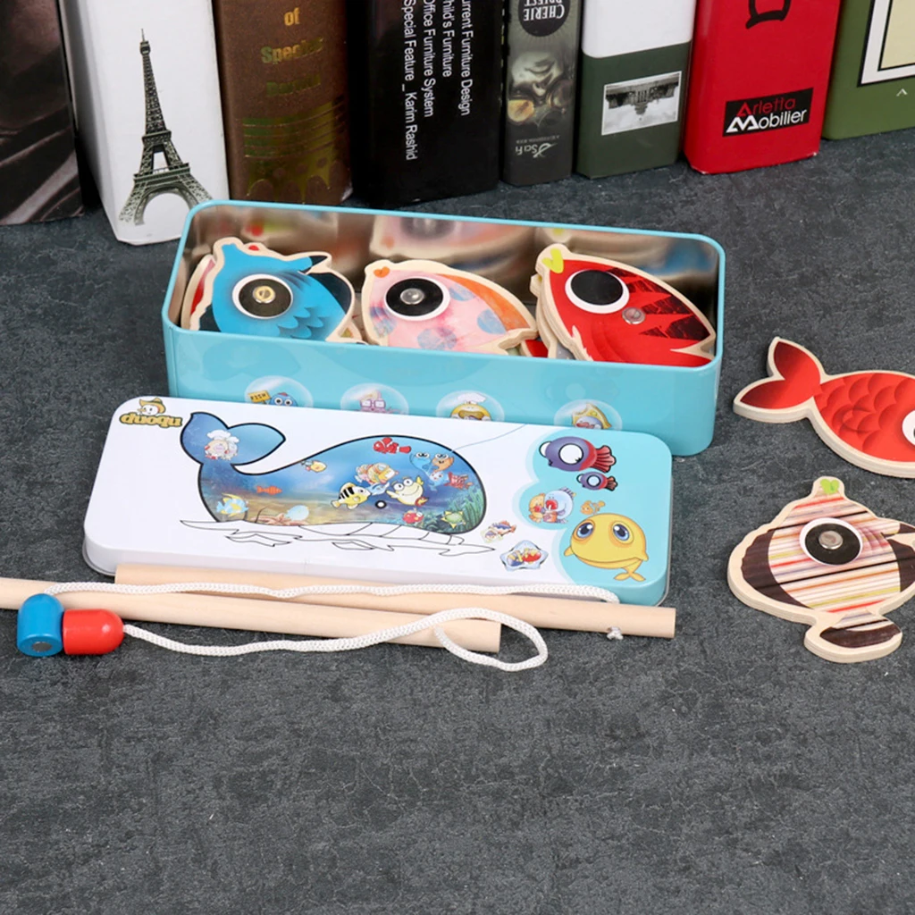 16pcs Fish Game Magnetic Fishing Pole Rod & Fish Marine Organisms Model Set Kid Pretend Play Toy Educational