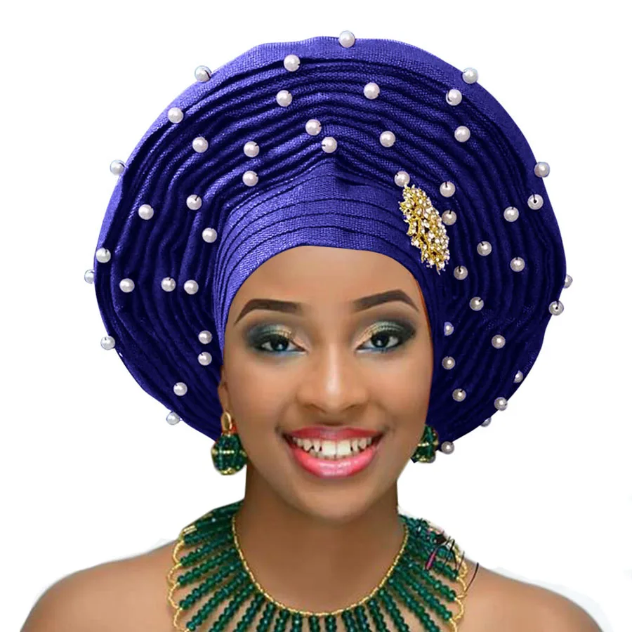 royal blue Aso oke gele nigerian woman headtie with white beads african woman auto gele for wedding headwear 2018