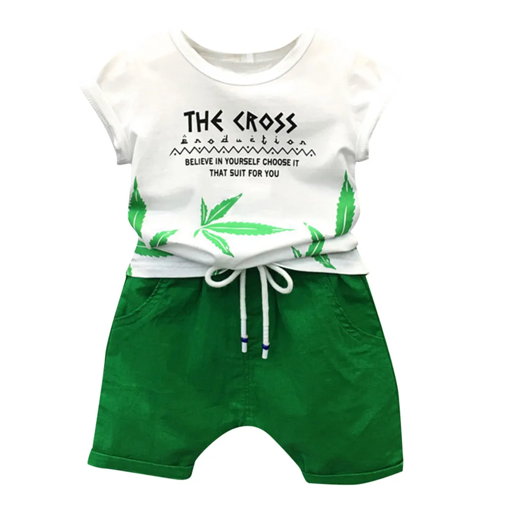 

Toddler Baby Boys Leaf Letter Print Short Sleeve O-Neck Tops Green Solid Short Pants Outfits Casual Set summer baby girls