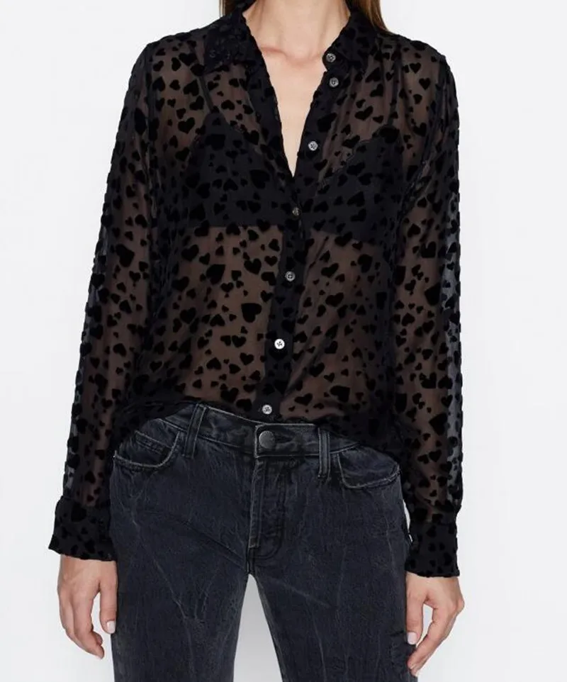 

Women Love Heart Flocking Pattern Long Sleeve Silk Velvet See Through Double Pockets Sexy Long Shirt