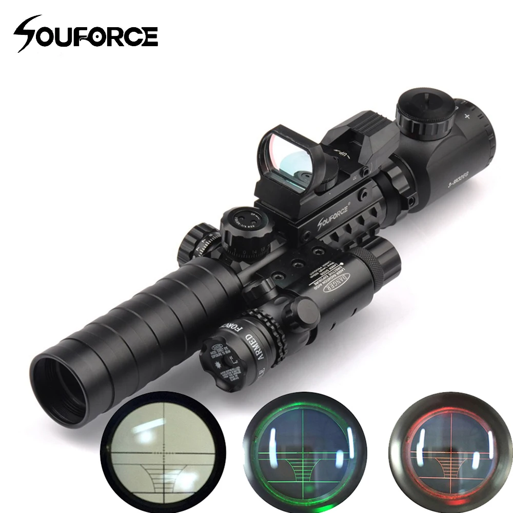 

Tactical Scope Combo 3-9X32YG Riflescope with Long Range Red Dot Laser and Holographic Reflex Sight for Rifle and Airsoft