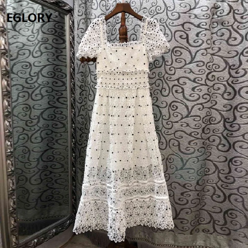 

Lace Long Dress 2019 Summer Fashion Evening Club Dresses Women Square Collar Allover Exquisite Lace Embroidery Dress Longo Festa