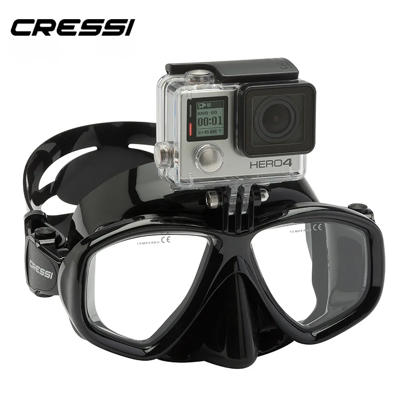 Cressi ACTION Scuba Diving Mask With Go Pro Camera Mount Tempered Glass 2  Window Low Volume Snorkeling Swimming Mask for Adults