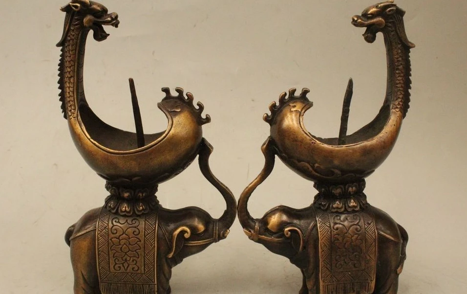 

8" China Folk Bronze Elephant Dragon Lotus Flower Candle Holder Candlestick Pair