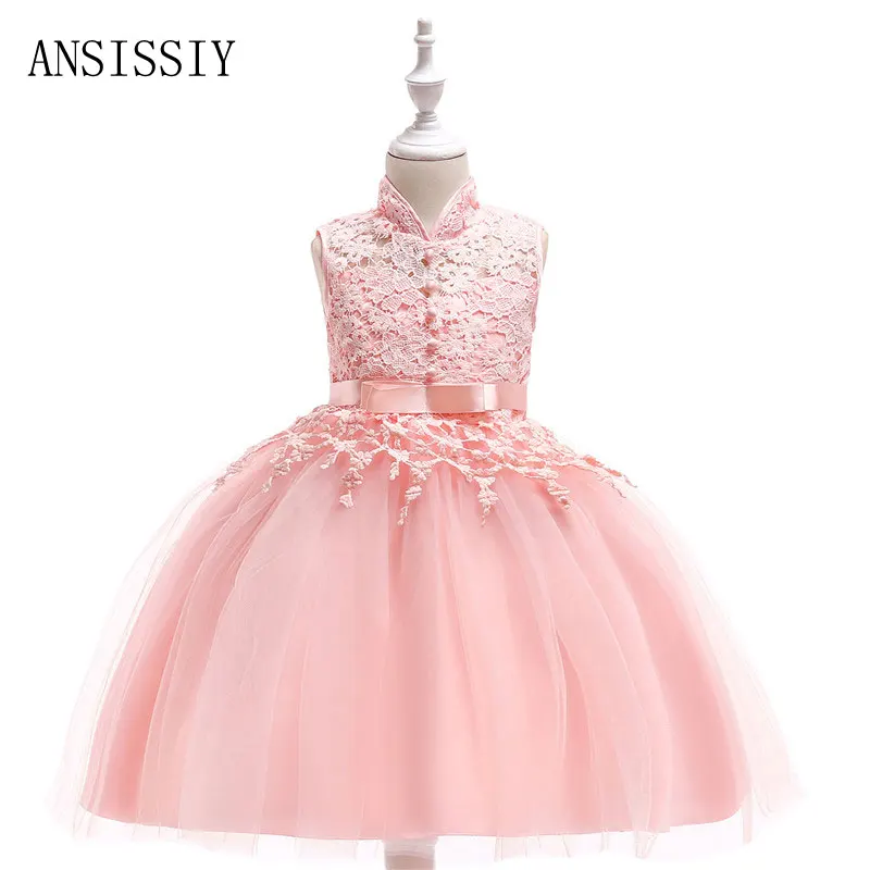 

Crek Neck Flower Girl Dress with Sash Mesh Princess Tulle Dresses Birthday Party Wedding Ceremonious Kid Clothes Gown for 4-8y