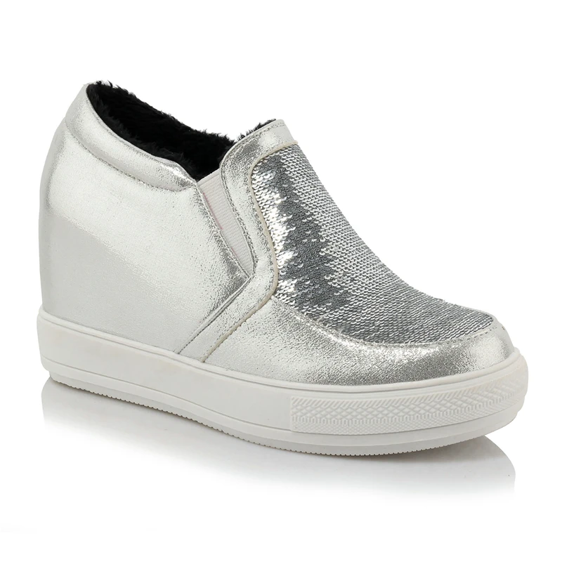 DoraTasia/демисезонные лоферы на платформе размера плюс 32-45, обувь без шнуровки с эластичными лентами, женская повседневная обувь, увеличивающая рост - Цвет: silver no fur