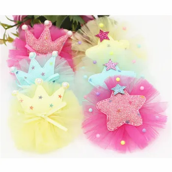 

Free Shipping 30PCS/Lot Chiffon Lace Floral Button Patch Sticker with Glitter Princess Crown Stars Decorated for Hair Jewelry