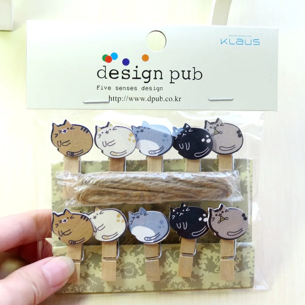

10 Pcs/Lot Lazy Cat Wooden Clip Photo paper Clothespin Craft Clips Party Decoration Clip with Hemp Rope