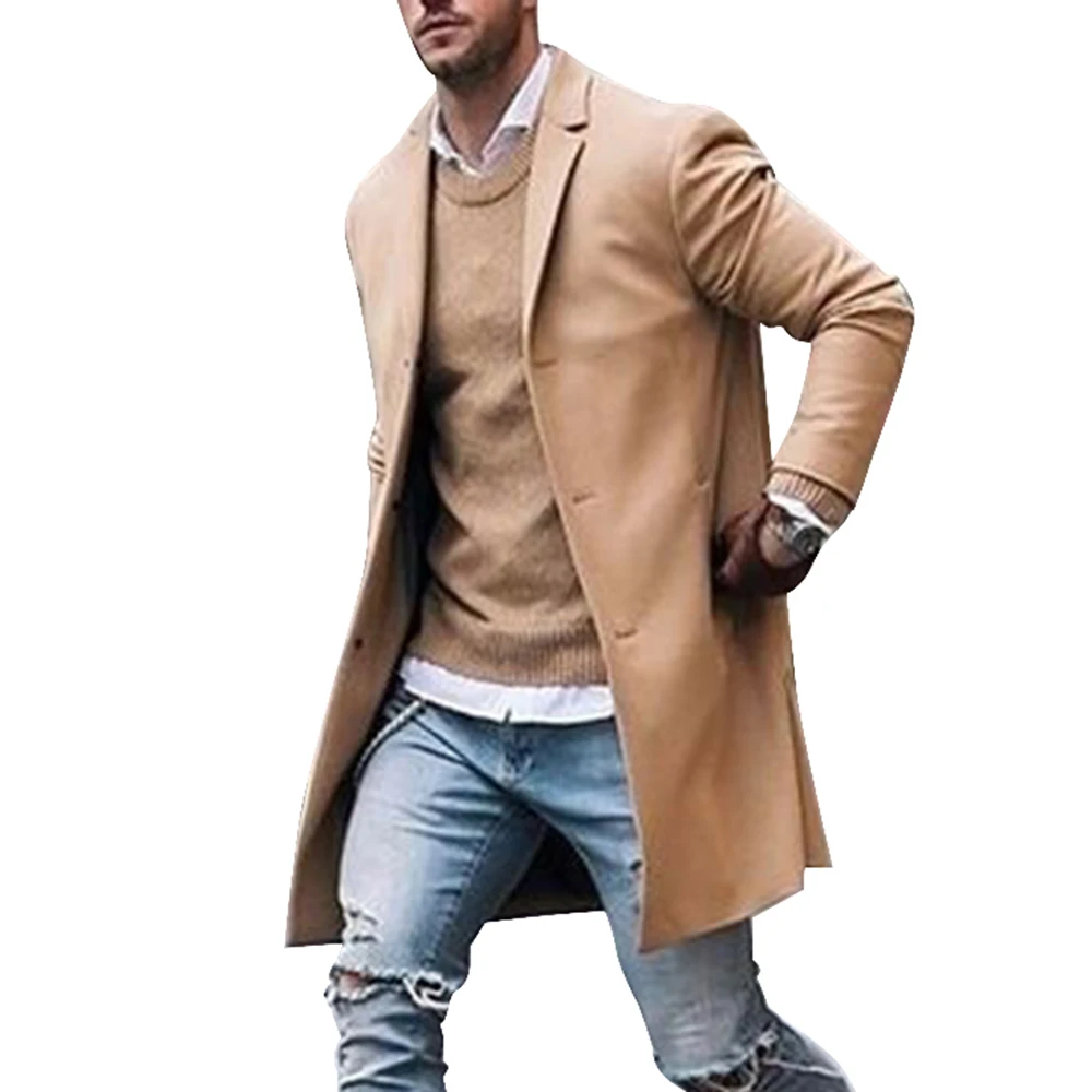 Solid Business Casual Woolen Trench Coats Male Medium Slim Collar Leisure Button Jackets Autumn Winter Fashion Tops Streetwear - Цвет: khaki