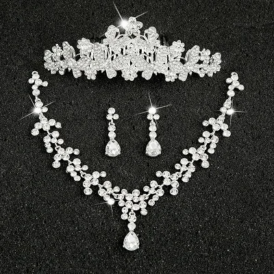 Hot Sale Sliver Plated Rhinestone Crystal Necklace+Earrings+Tiara 3pcs Jewelry Set For Bride Bridal Wedding Accessories (3)