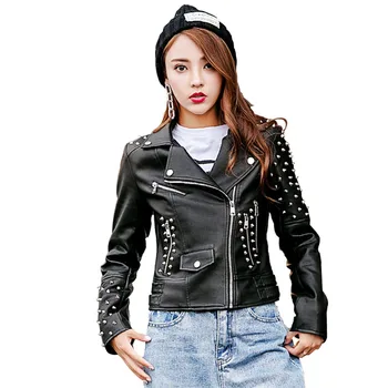 

2018 Spring Punk Leather Jacket Women Spikes Stars Slim Rivet Motorcycle Black Faux Leather Coats LF17013