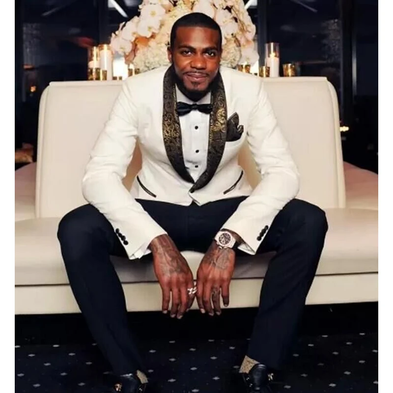 604 Latest Coat Pant Designs White Gold Lapel Prom Men Suit Slim Fit Skinny 2 Piece Tuxedo Custom Suits Groom Blazers Masuclino