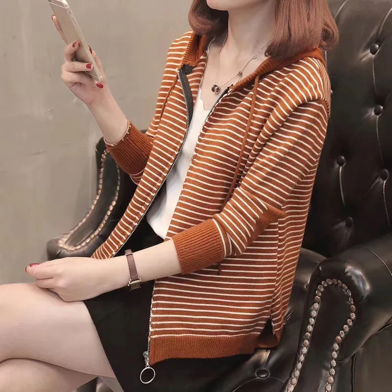 

New Casual Long Sleeve Cardigan Sweater Women Knitted Hooded Cardigans With Zipper Korea Autumn Female Fashion Knitting Outwear