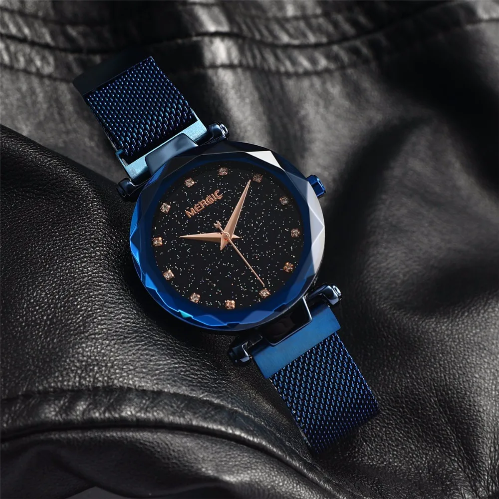 

Quartz Star Sky Dial Blue Diamond Watch Women Black Purple Mesh Magnet Stainless Steel Waterproof Creative Elegant Ladies